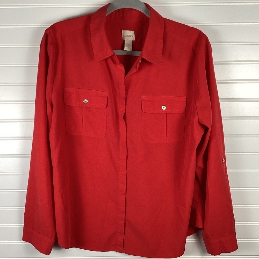 Chicos Shirt Womens Extra Large 2/ M Red Button Up Roll Tab Top Blouse Stretch